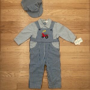 VINTAGE 80s 90s BRYAN NWT Embroidered Tractor Railroad Stripe Overalls & Hat Set
